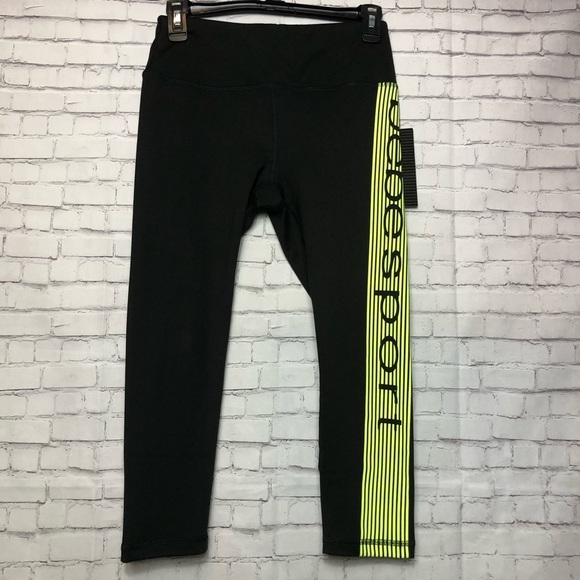 BEBE Sport Yellow Side Stripe Capri Leggings Black Size Small - Picture 1 of 6